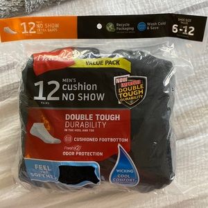 Hanes socks. Mens 12 pack. Black cushion no show socks. Size 6-12